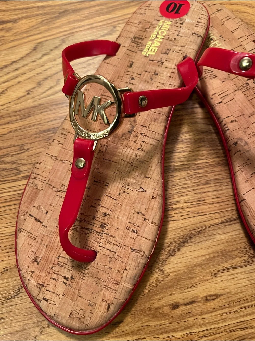 Michael Kors Red Logo Charm Jelly T-Strap Cork Sandals/Flip Flops.